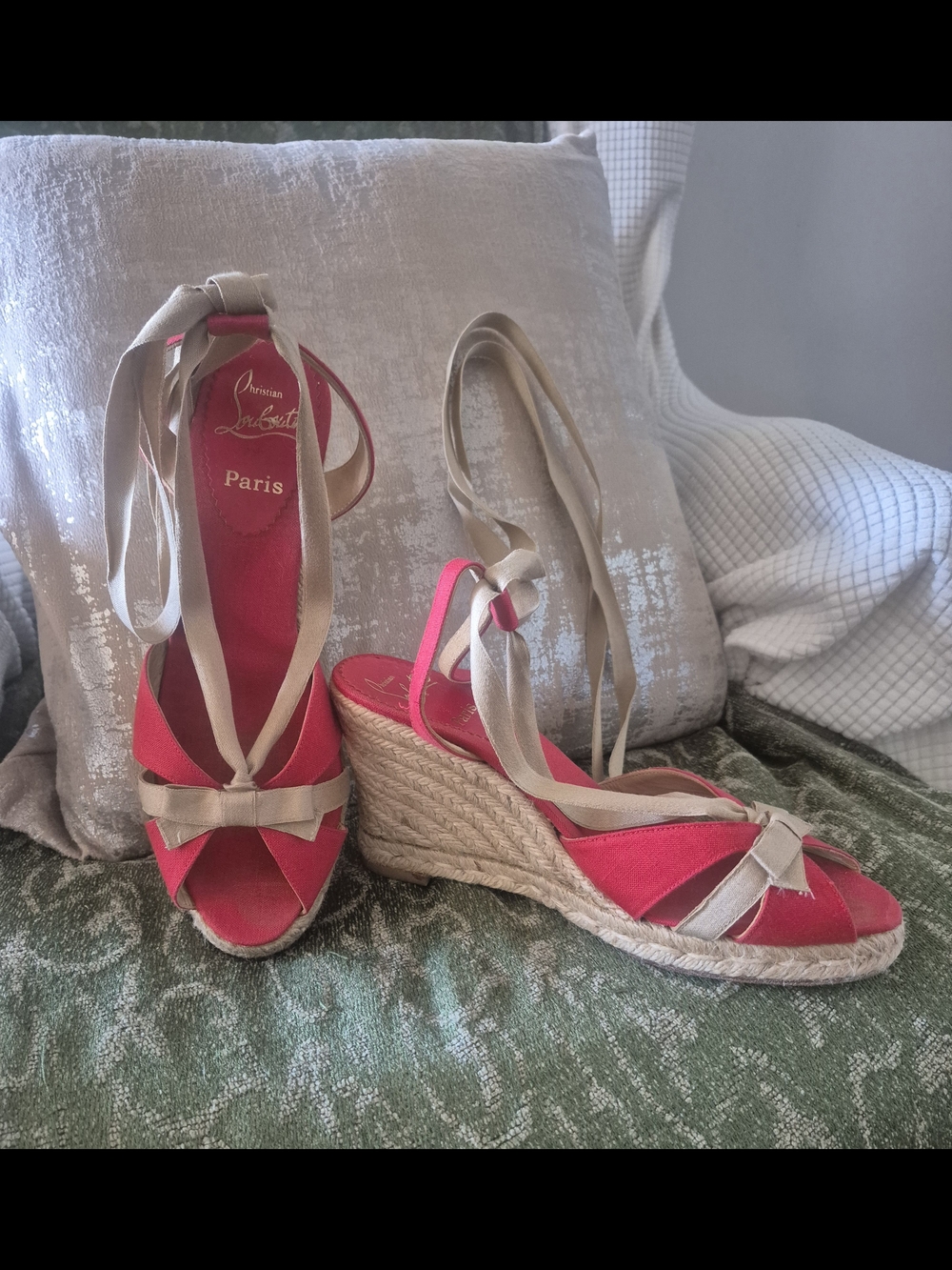 Christian Louboutin Pink Wedge Espadrille Sandals with Beige Ribbons